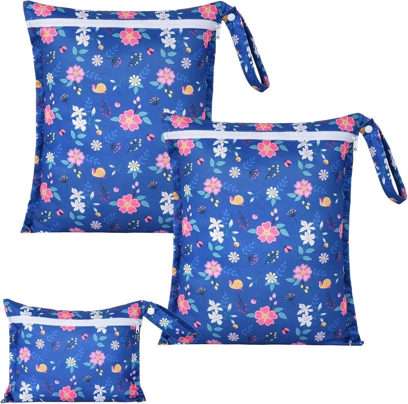 OTraki 3 Pack Waterproof Wet Dry Bag with Zippered & Handle Reusable Wet Clothes Bag Baby Cloth Diaper Wet Bags for Swimming Travel Beach Pool Gym, Daycare Organizer (Flower Pattern) - Image 1